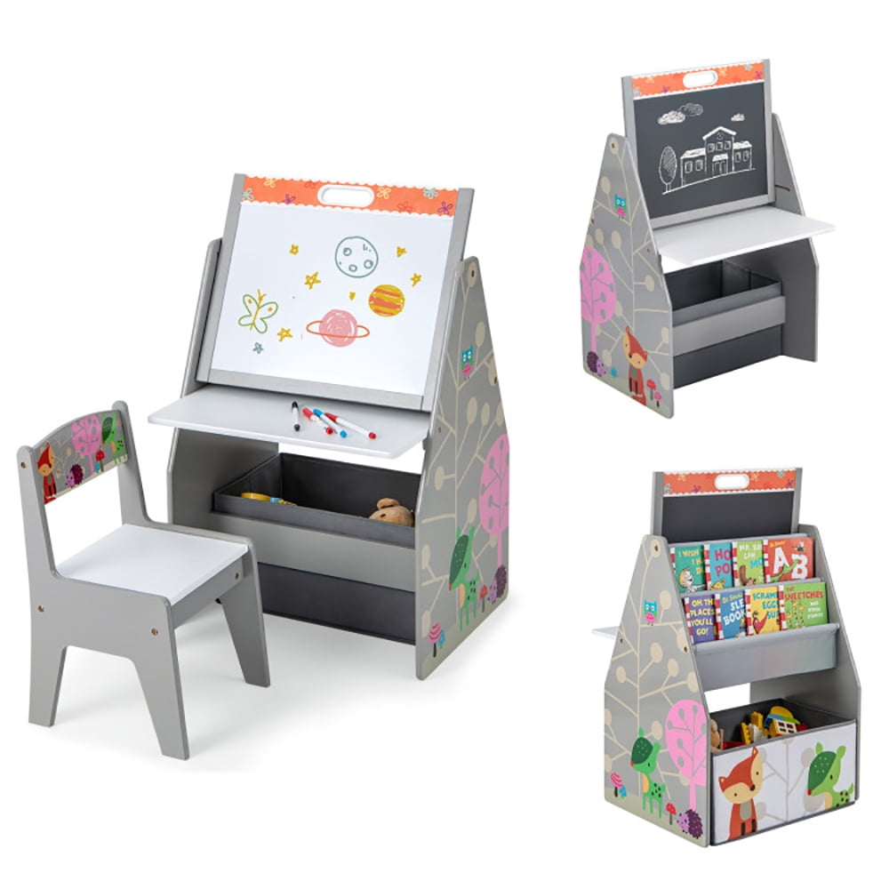 Spaco 3 in 1 Kids Easel and Play Station Convertible with Chair and Storage Bins, Art Easel for Ages 3-8 Kids , White Board Easel, Gray