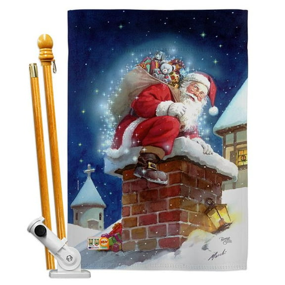 Breeze Decor BD-XM-HS-114106-IP-BO-D-US14-AL 28 x 40 in. Chimney Santa Winter Christmas Impressions Decorative Vertical Double Sided House Flag Set with Pole Bracket & Hardware