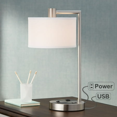 Acrylic Modern Table Lamp - 360 Lighting Modern Desk Table Lamp with USB and AC Power Outlet in Base Brushed Nickel White Linen Drum Shade for Bedroom Office
