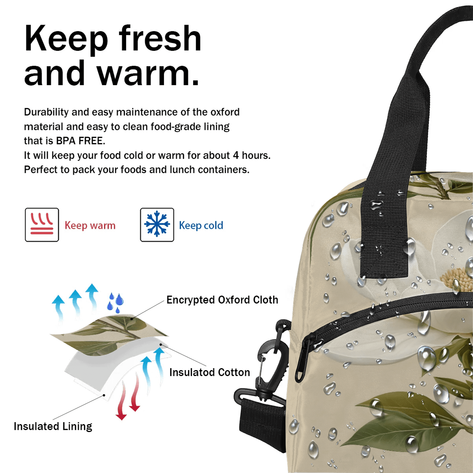 Herdesigns Flower Lunch Bag for Women Men Adult, White Floral Large Insulated Reusable Lunch Box Leakproof Portable Cooler Tote Bags for Work Picnic Beach