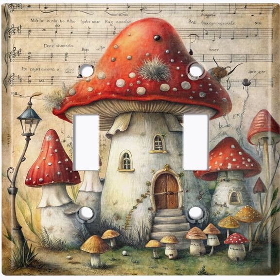 Metal Light Switch Wall Plate Outlet Cover (Printed Image of Red Mushroom Houses - Double Toggle)