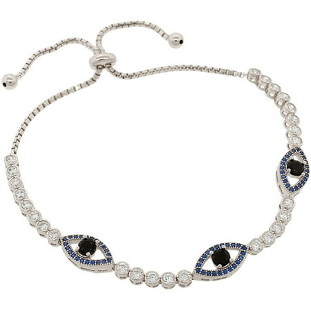 Pori Jewelers Blue CZ Sterling Silver Multi-Evil Eye Friendship Bolo Adjustable Bracelet