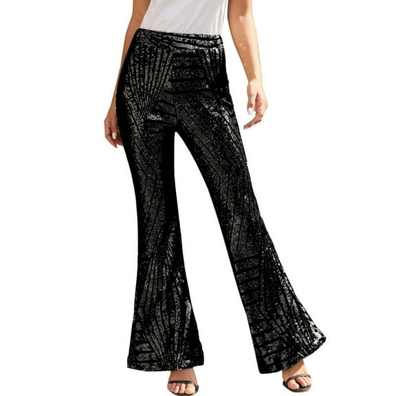 AKEGAMN Sequins Wide Leg Pants High Waist Flared Trousers Party Streetwear, Black S-XL
