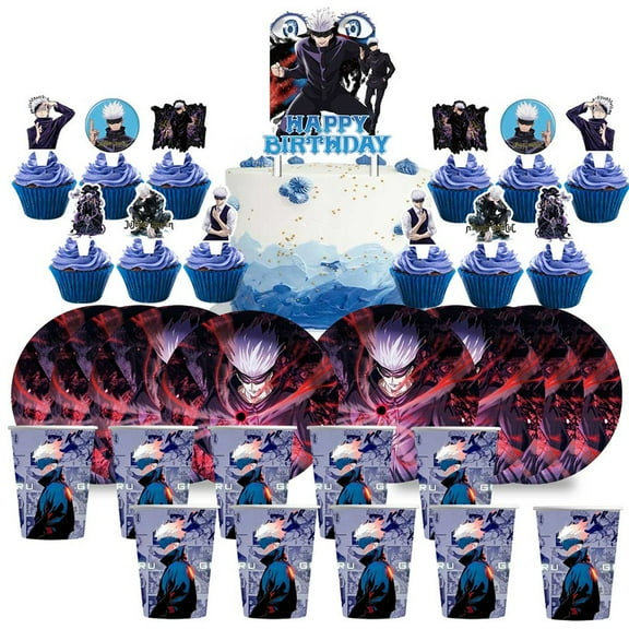 Satoru Gojo Anime Birthday Cups Party Supplies Plates Fans Decorations Cake Topper Decor
