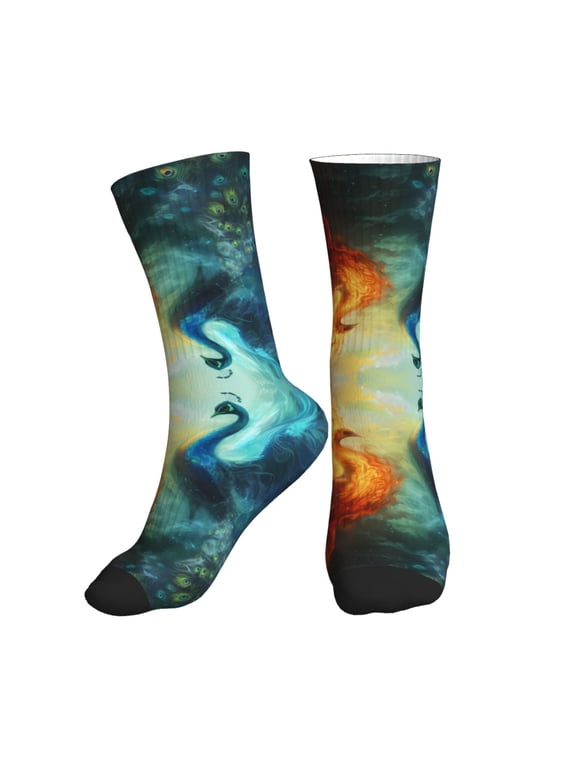 Crew Socks for Women Men Athletic - Red and Blue Fire Peacock Soft Comfort Breathable Mid-Calf Sole Running Socks Womens Men