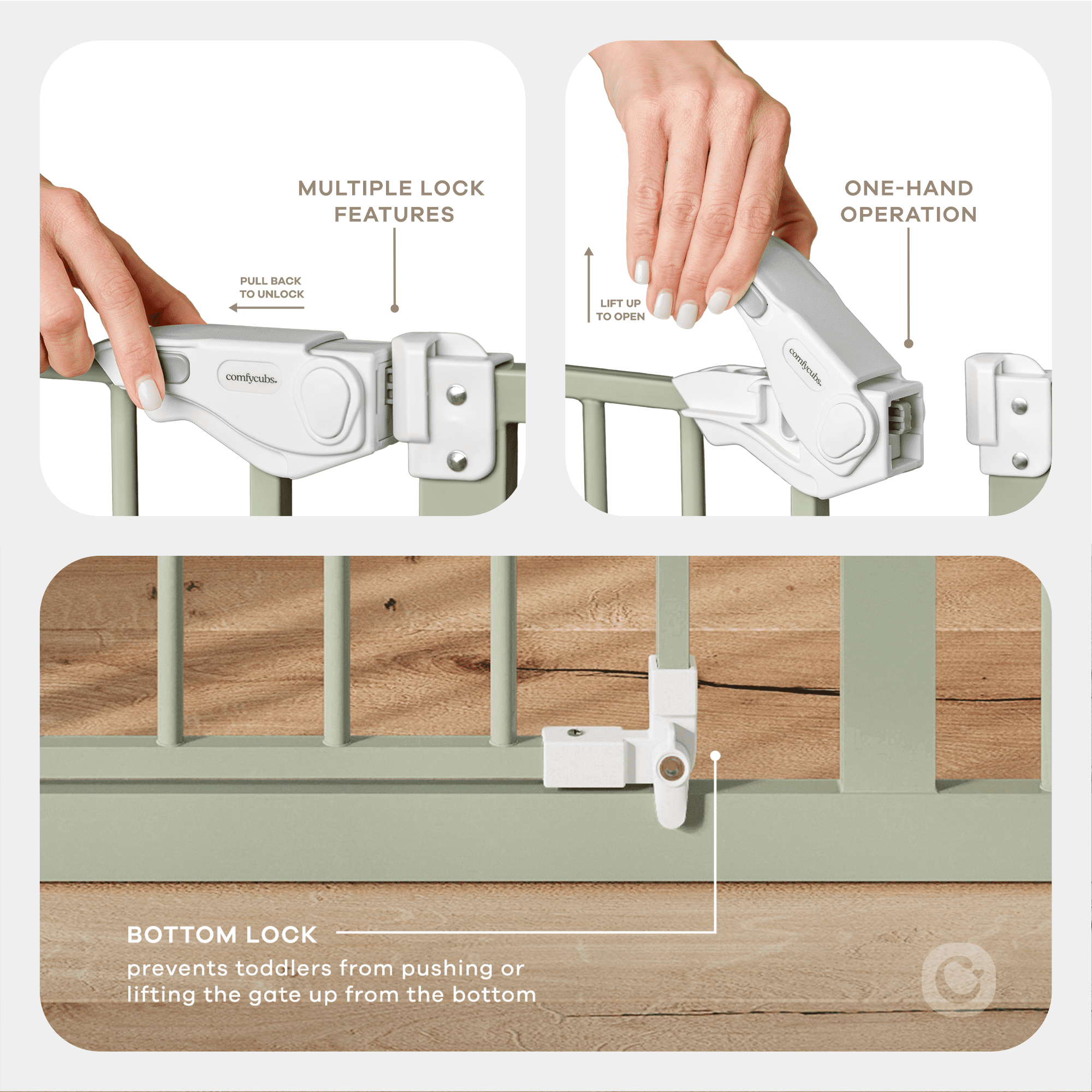 Comfy Cubs Baby Safety Gate - 3 Extensions 42"x1.9"x30", Adjustable Q195 Steel Gate (Sage)