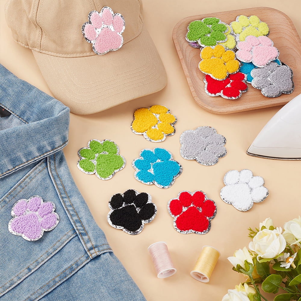 20Pcs 10 Colors Computerized Embroidery Cloth Iron on/Sew on Patches Costume Accessories Paw Print with Sequin Mixed Color 60x60x2mm 2pcs/color