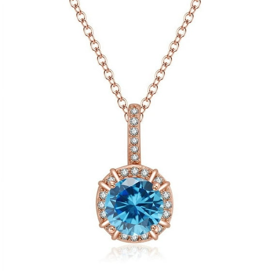 Bonjour Jewelers 18K Rose Gold 1ct Halo Blue Topaz Round 18 Inch Necklace Plated