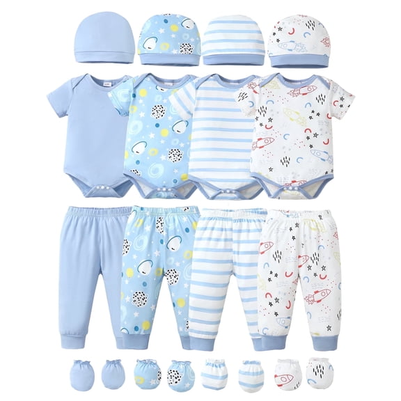 KIMI BEAR Newborn Baby Boys Outfits Sets 4 Packs 0-3 Months Summer Clothes Sets Short Sleeves Romper Top Elastic Pants with Hats and Gloves 16pcs Layette Essentials Blue