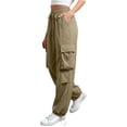 thumbnail image 2 of Women's Cargo Pants, Elastic Waist Drawstring Joggers, Loose Fit Baggy Work Pants with Pockets, Casual Streetwear Trousers for Women-Khaki, 2 of 4