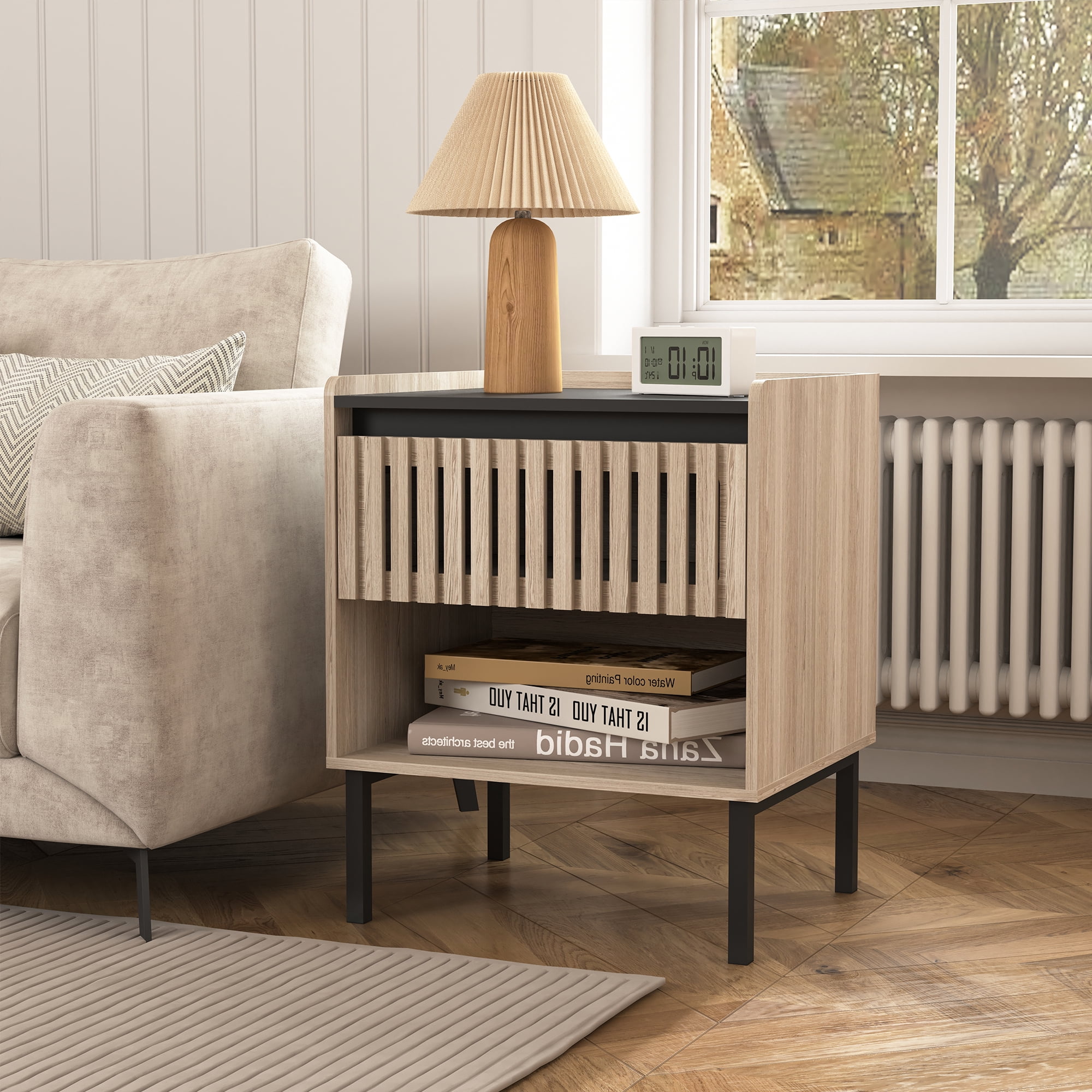 Demi Bonn Nightstand Set of 2, Bedside Table with Decorated Drawers, Wood Accent Side End Table with Storage for Bedroom, Beige