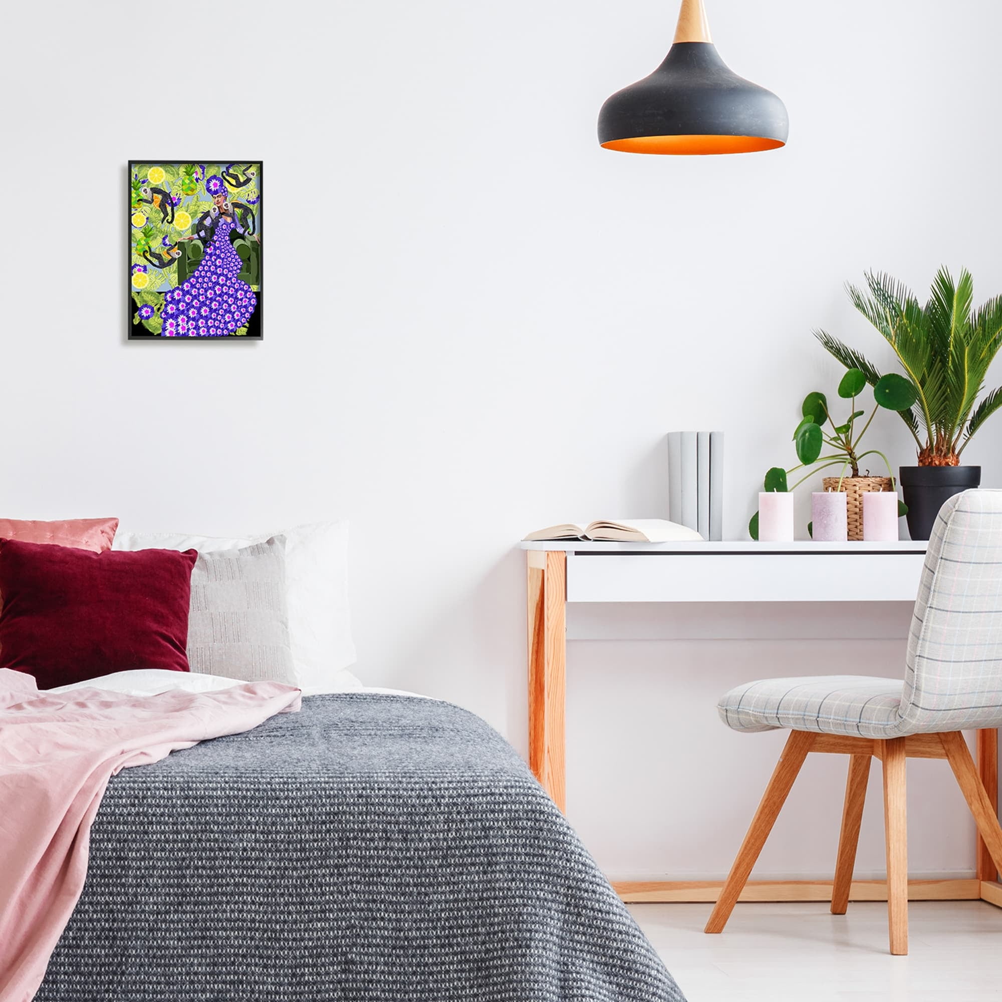 Stupell Industries Abstract Dress Frida Fashion Flower Pattern Botanical Monkeys Graphic Art Gray Framed Art Print Wall Art, 11x14, by Lynnda Rakos