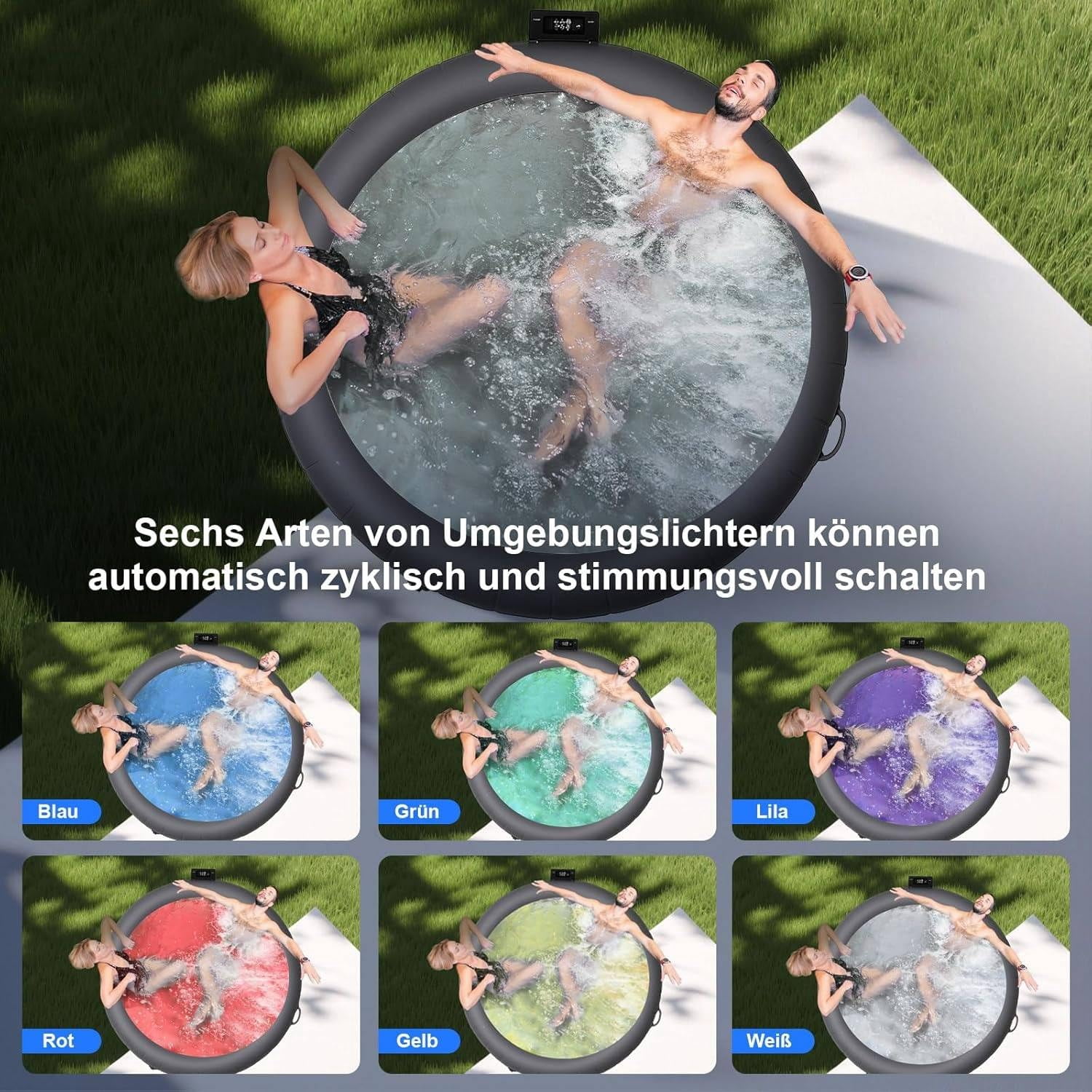 72" Inflatable Hot Tub, 4-6 Person Portable Bubble Massage Bathtub with Heating, Filtration, 6-Color Ambient Light, One-Click Inflation, Pool Cover, Floor Mat & Filter Cartridges for Patio Backyard