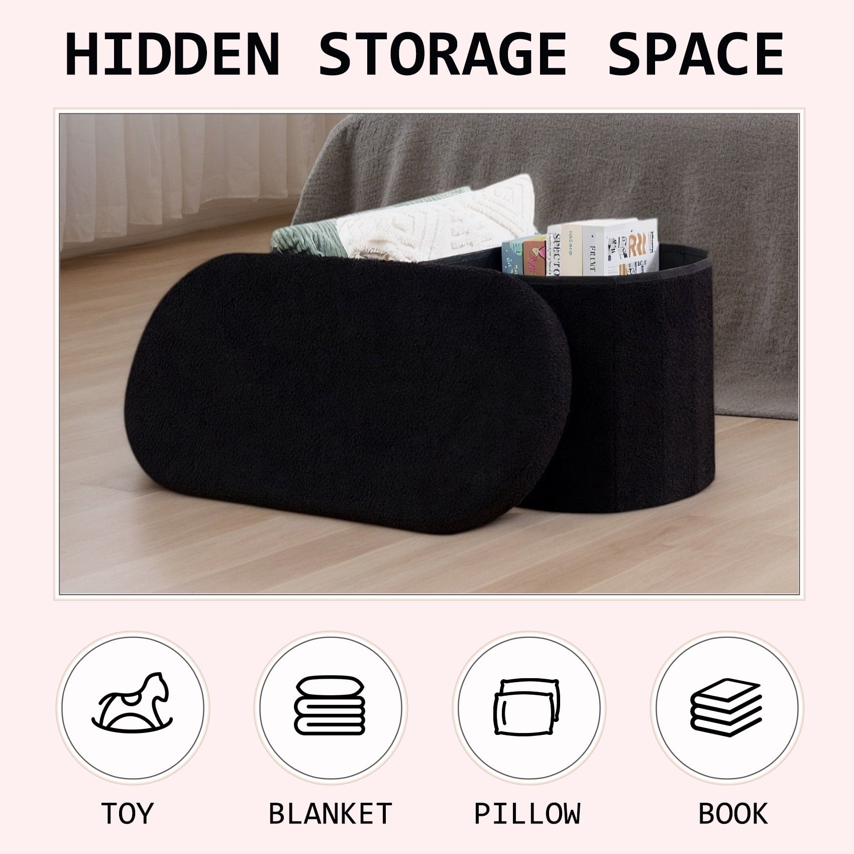 PINPLUS Storage Ottoman Bench Tufted Oval Ottoman Bench Foot Rest Velvet Bench with Storage 30" Black