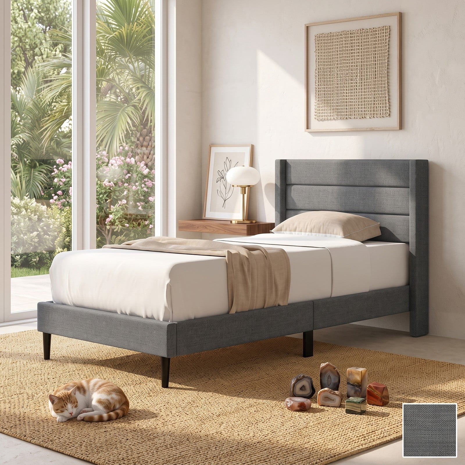 Furnibear Twin Bed Frame Linen Upholstered Platform Bed with Wingback Channel Headboard, Wood Slat Support No Box Spring Needed, Gray