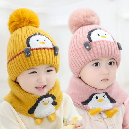

AYYUFE 1-3T Knitted Cartoon Animal Print Baby Hat Winter Plush Ball Penguin Print Newborn Hat for Shopping