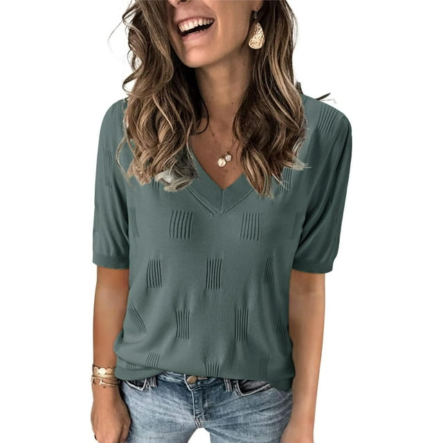 Arach&Cloz Women's V-Neck Short Sleeve Special Rib Knitted Pattern Casual Tops Sweater Spring Summer 2025