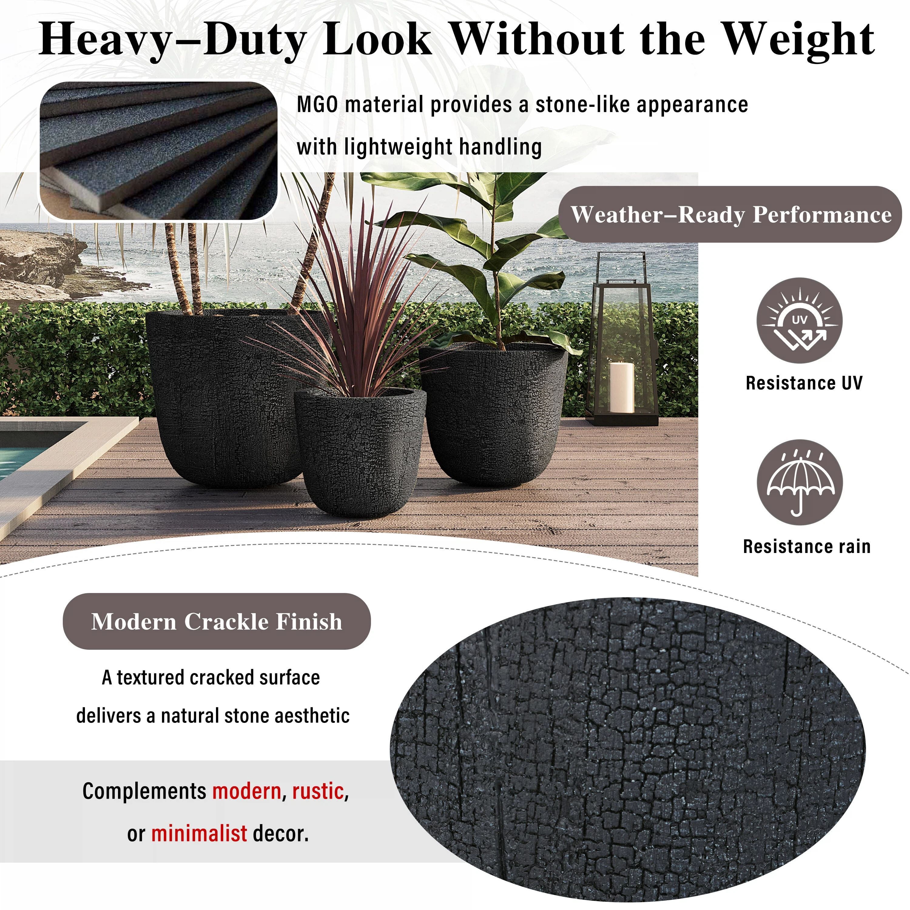 Euroco Large Concrete Planter Set of 3, 16.93"+13.78"+11.02" Dia Round Stackable Flower Pots with Drainage Holes and Rubber Plug,Modern Decorative Pots for Patio Garden Balcony Indoor Outdoor