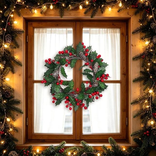 MTBLYS Corona navideña artificial con bayas rojas|piñas y follaje verde|Anillo decorativo para puerta de entrada o ventana|Guirnalda de plástico de 34 cm (13|4 pulgadas)