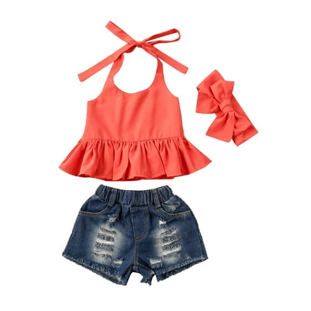 

Toddler Baby Girl Outfit Sleeveless Backless Ruffle Halter Dress Top+Ripped Denim Shorts Jeans Clothes
