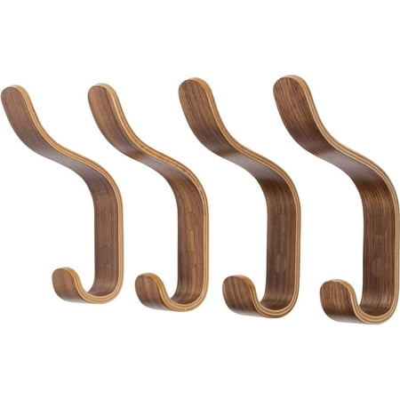 

Contemporary Walnut Wood Coat Hooks Set of 4 - Stylish Hanging Wall Hooks for Clothes Hats Robes and Towels - Includes Hardware for Easy Installation - Moisture Resistant and Durable - 6.9 H x 1.2