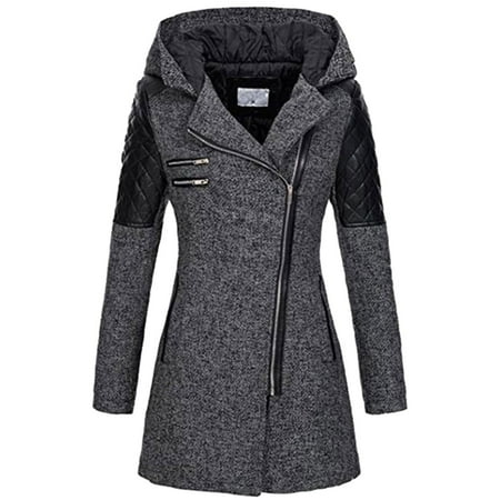 Women Outdoor Warm Wool Blended Leather Oblique Zipper Hooded Coat Trench Jackets Coat