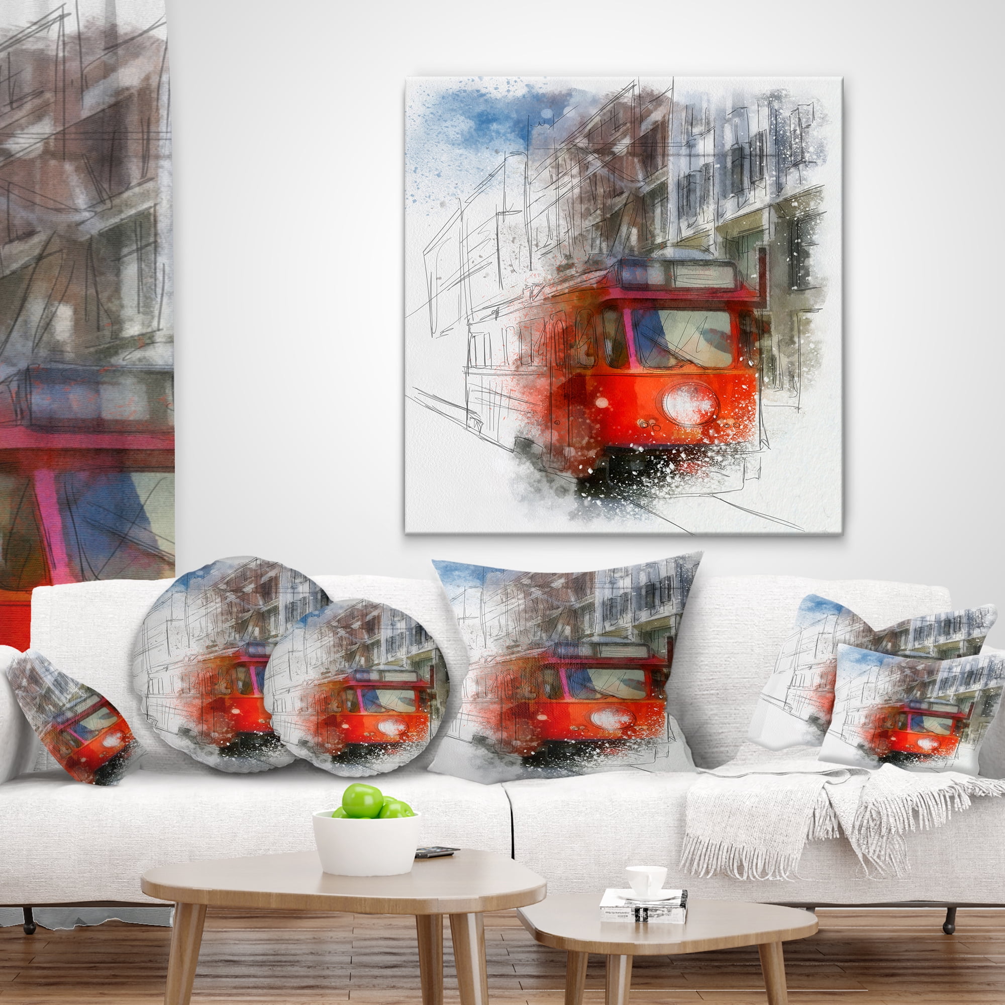 Designart Red Trolley Car Watercolor Sketch - Cityscape Throw Pillow - 16x16