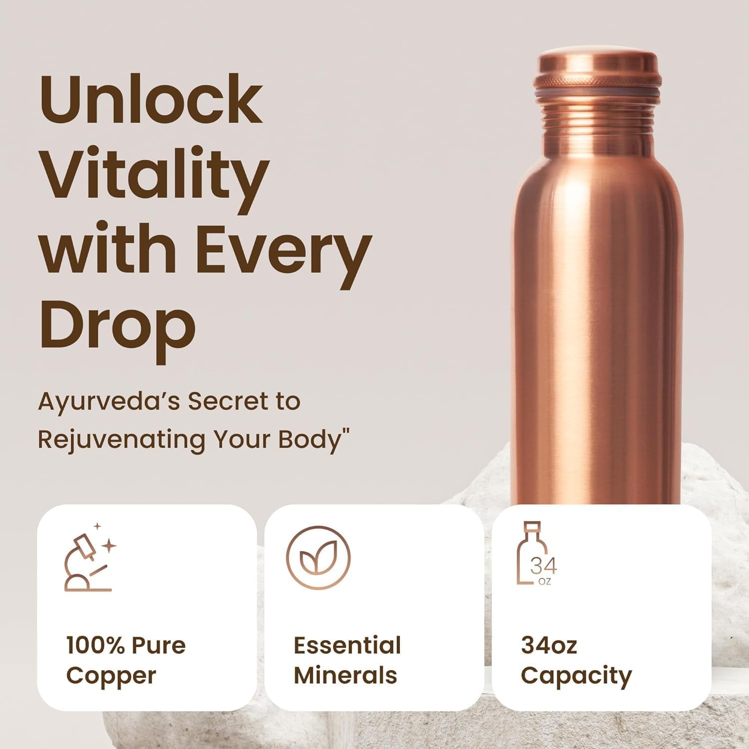 Pure Copper Water Bottle for Drinking – Large Handcrafted Ayurvedic Copper Water Bottle, Leak Proof Lid – Smooth Finish Copper Bottle Water Vessel – 100% Copper Drinking Water Bottle 34 Oz
