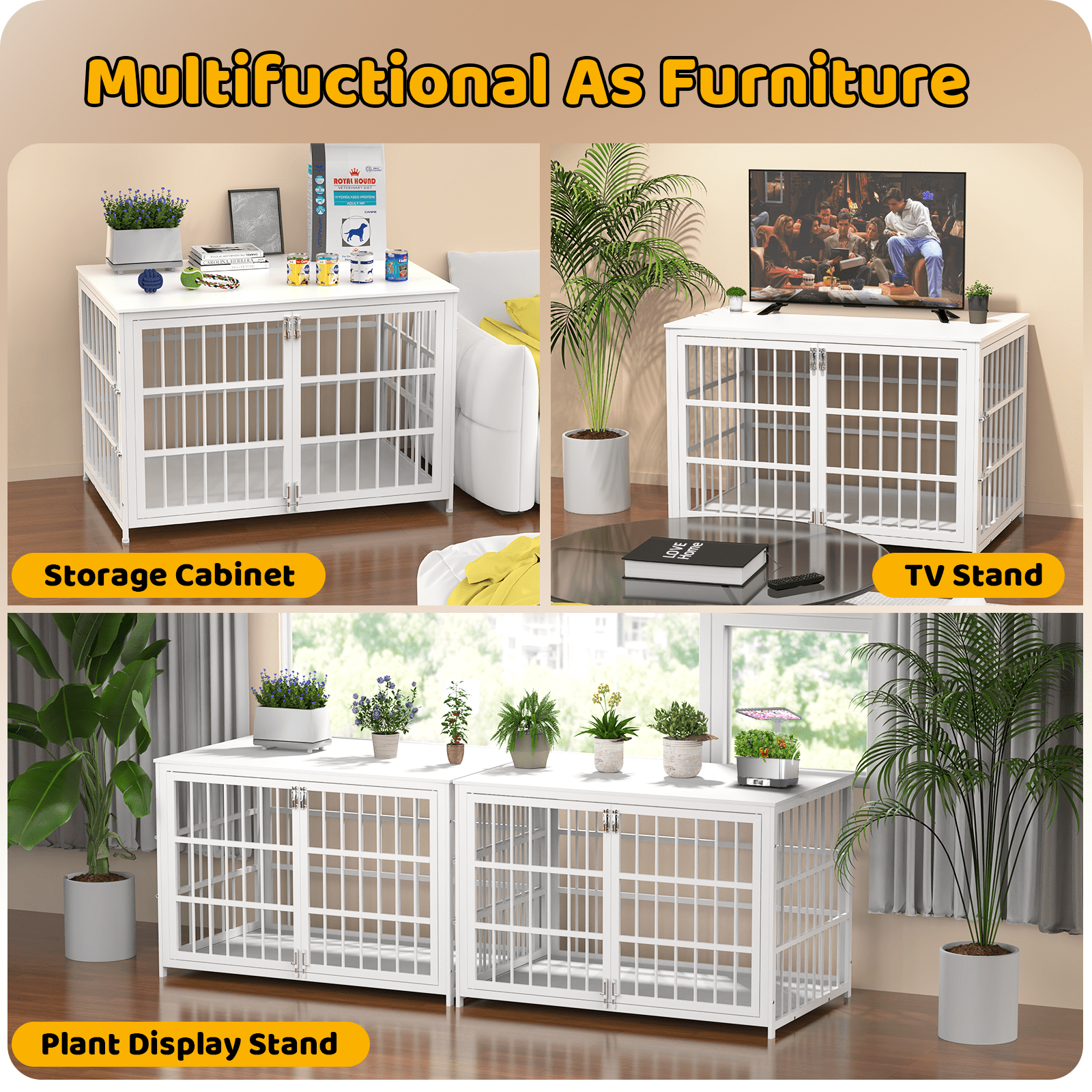 Ironovahome 48" Heavy Duty Dog Crate Furniture, Chew-Proof & Escape-Proof Wooden Dog Cage with Safe Locks & Double Doors, XL Indoor Dog Kennel Pet House for Large Dogs Up to 100lb, White