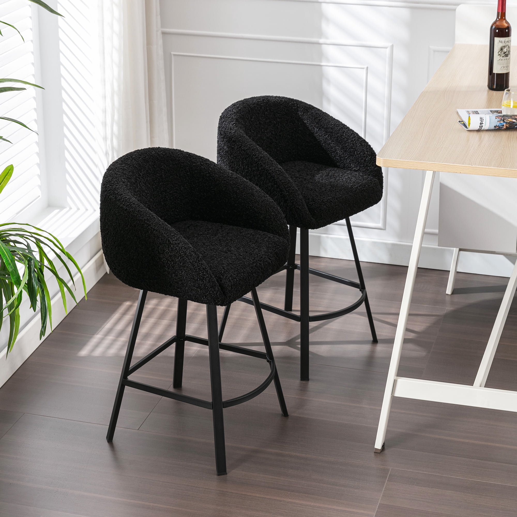 Zesthouse Swivel Counter Height Bar Stools Set of 1, 26.4" Counter Height Sherpa Upholstered Barstools with Barrel Back and Arms, Modern Counter Stool for Pub Kitchen Island, Black
