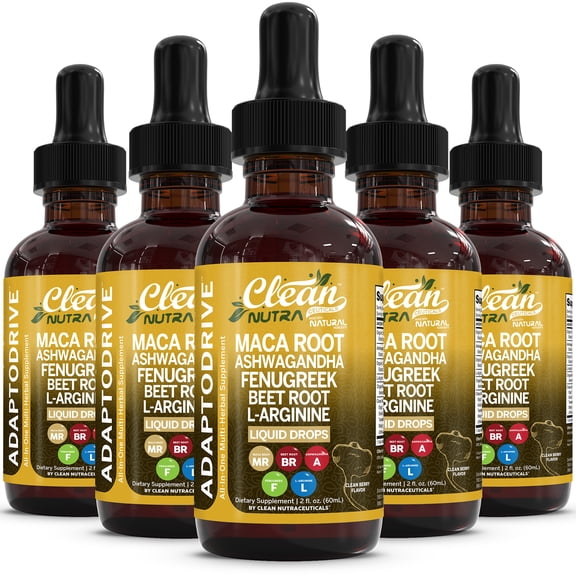 Clean Nutra Organic Maca Root Liquid Drops with Ashwagandha, Fenugreek, Beet Root and L-Arginine Liquid Multivitamin for Women and Men - Adapto Drive - 5Pack