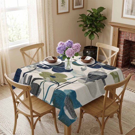 Navy Blue Green Floral Square Tablecloth 54x54 Inch Vintage Botanical Leaves Linen Waterproof Polyester Table Cover, Washable Stain Resistant Tablecloth for Dining Table Kitchen Wedding