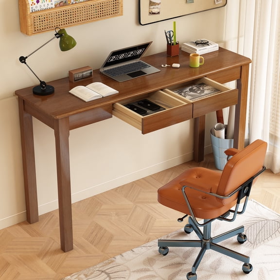 100% Solid Wood with Drawers 47 x 16 Inch Small Desk Mid Century Modern Desk Vintage Small Writing Wooden Desks for Small Spaces Bedroom, Living Room, Office