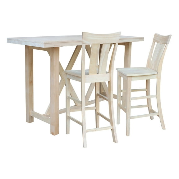 3-Piece Bar Height Solid Wood Dining Set with 72" x 28" Table and 2 Splat Back 30 in. Seat Height Bar Stools - Unfinished