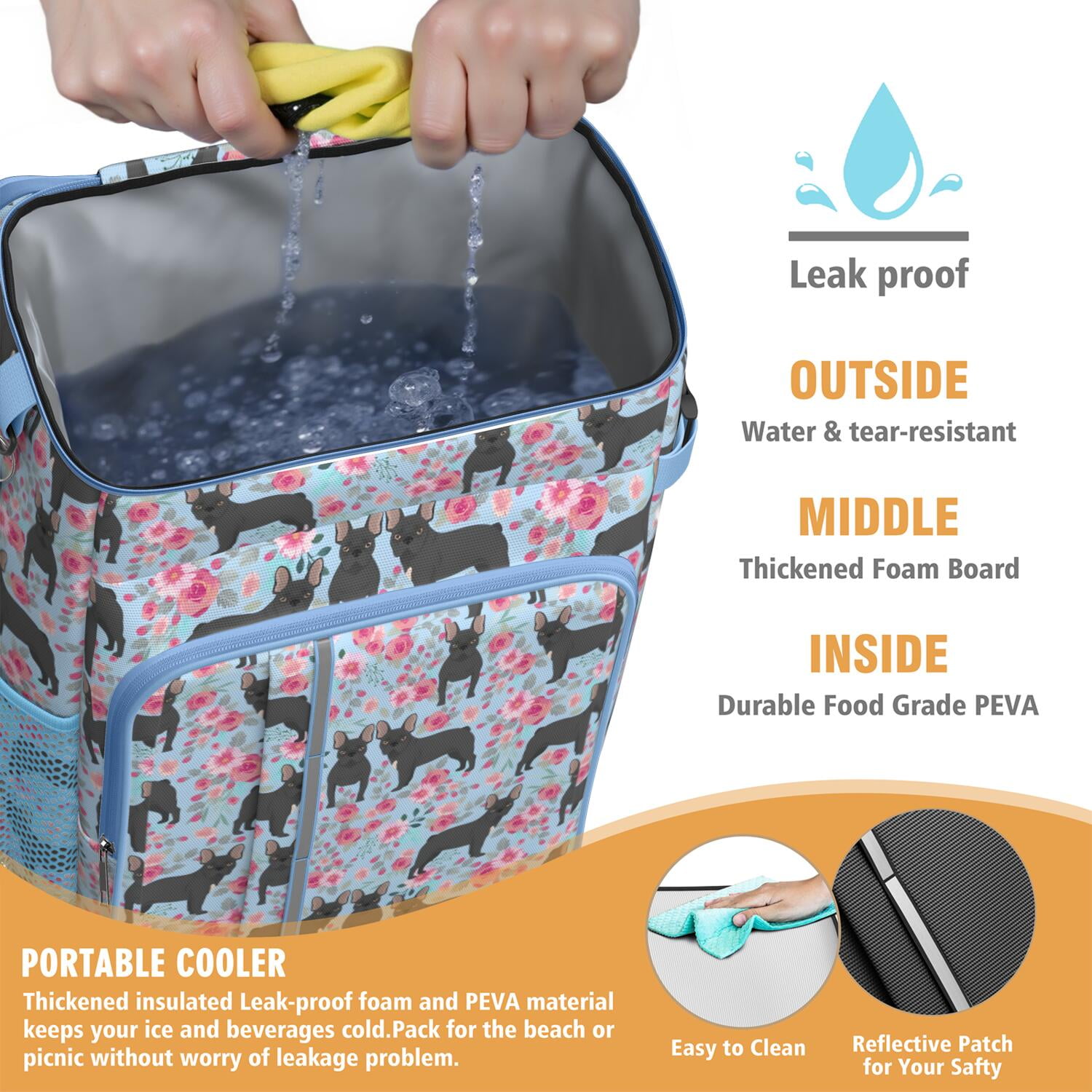Travel Cooler Bag - French Bulldog and Flower Camping Beer Cooler Backpack with Bottle Opener- Waterproof Insulated Picnic Backpacks - Cooler Bag for Beach
