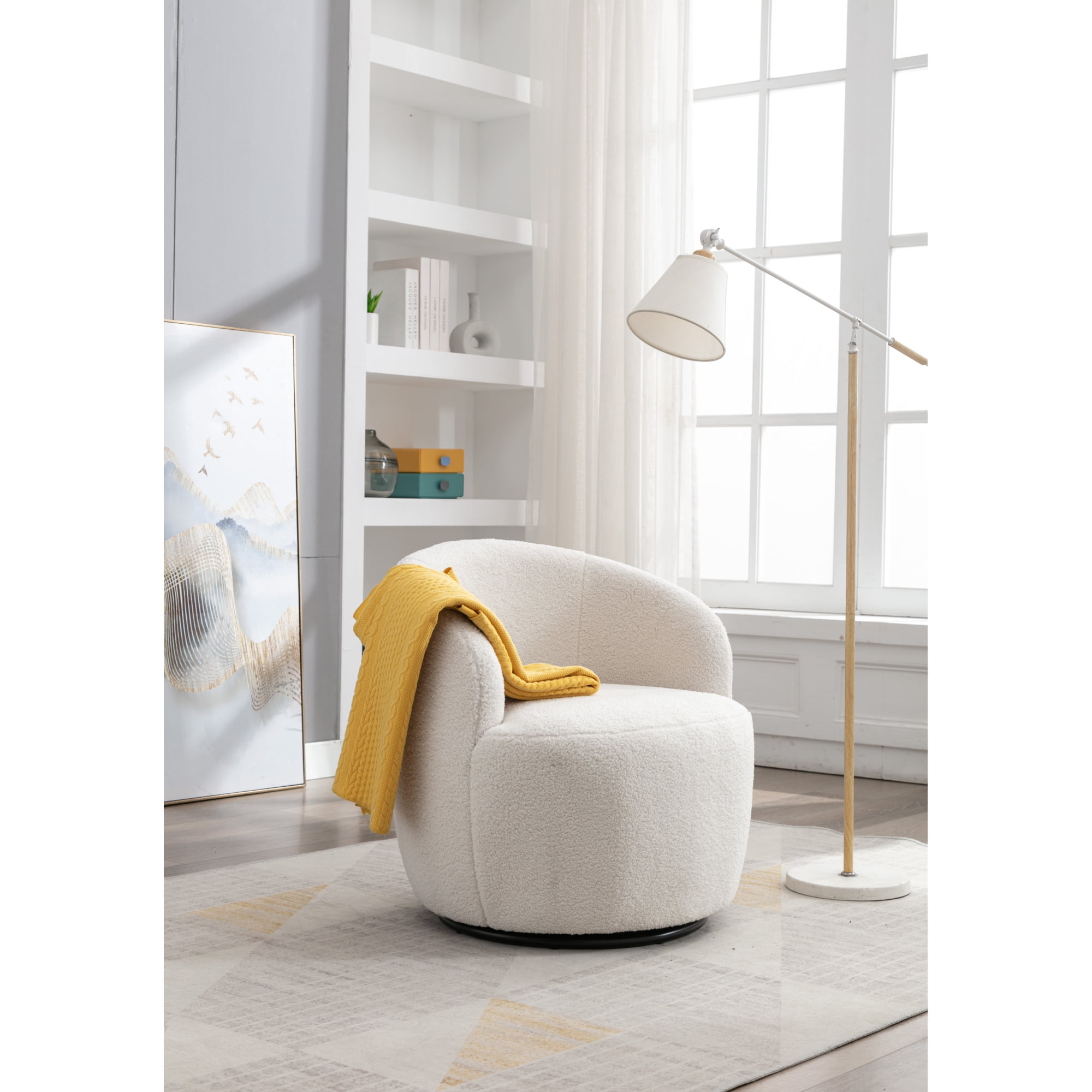 Leumius Teddy Fabric Swivel Accent Armchair Barrel Chair With Black Powder Coating Metal Ring for Bedroom Sunroom Reading Nook Ivory White