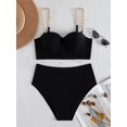 thumbnail image 2 of Bikini de realce para mujer, traje de baño liso con parte superior envolvente, cadena con aros, correas en los hombros, cintura alta, traje de baño para playa, 2 of 5