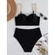 thumbnail image 2 of Bikini de realce para mujer, traje de baño liso con parte superior envolvente, cadena con aros, correas en los hombros, cintura alta, traje de baño para playa, 2 of 5