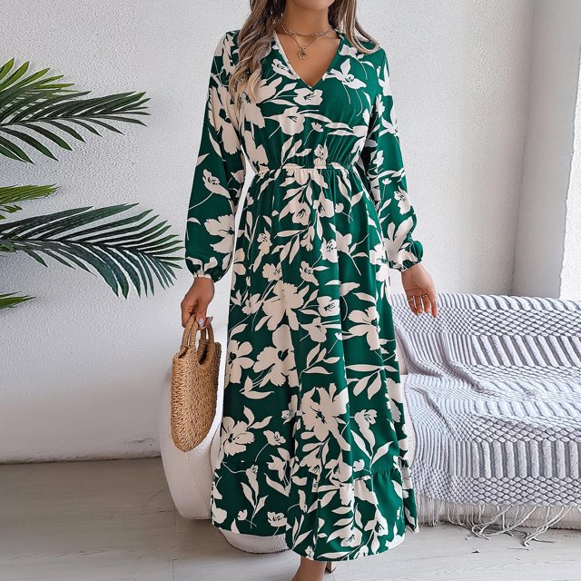 FcBaudy Robe à Manches Longues Col en V, Robes d'Été pour Femmes, Robes d'Hiver Décontractées Imprimées Taille Cintrée Robe à Manches Longues en Polyester pour Femmes