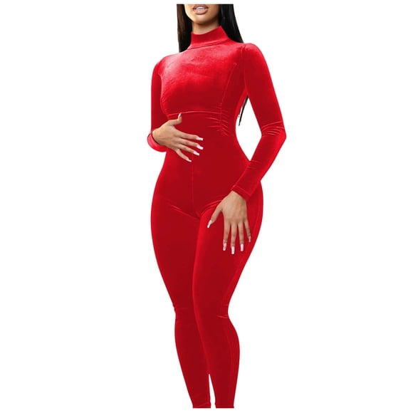 HXWCHs Soft Fabric Jumpsuits Women's Autumn Winter Fashion Jumpsuit Slim Fit Long Sleeve Non Bodycon Pantsuit for Stylish Outfits M Red