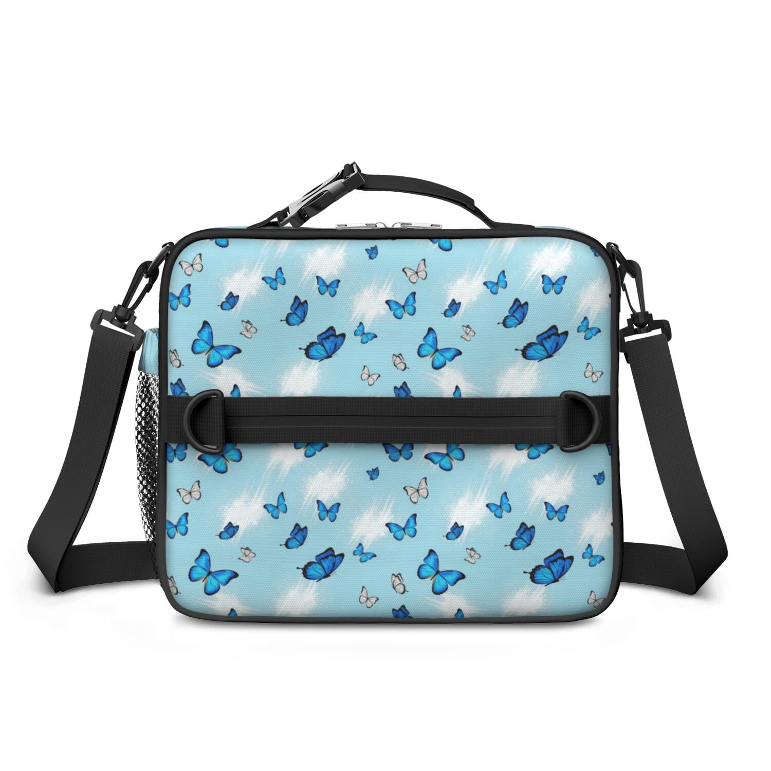 Lightblue Butterfly Sparkle Pattern Bento School Insulated Lunch Bag Box with Shoulder Strap and Bottle Holder, 11" X 9.5" X 3.5"