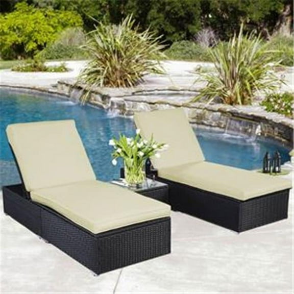 Outdoor Chaise Lounge Chair Patio Furniture Set Wicker Rattan, Black - 3 Piece