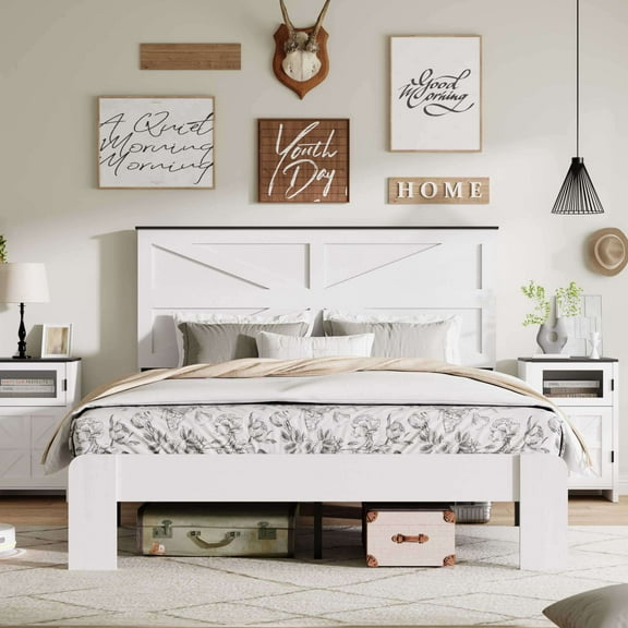 Full Size Bed Frame with Headboard - White Wood & Metal Platform Bed with Underbed Storage (77.83" X 54.8")