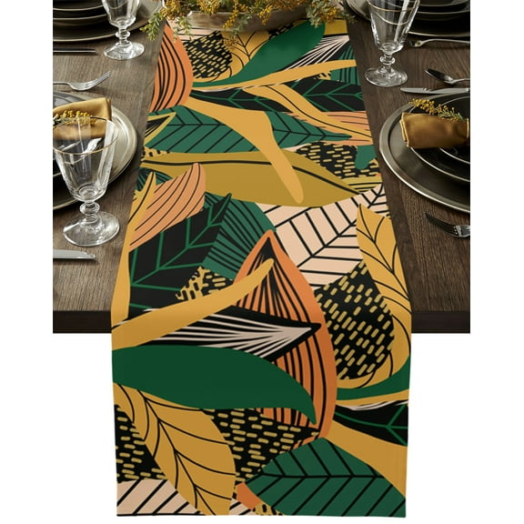 Table Runner Dresser Scarves 36 Inch Long, Abstract Geometry Botanical Leaves Linen Dining Table Runners Colorful Stripe Polka Dot Foliage Tabletop Scarf for Wedding Holiday Party Kitchen