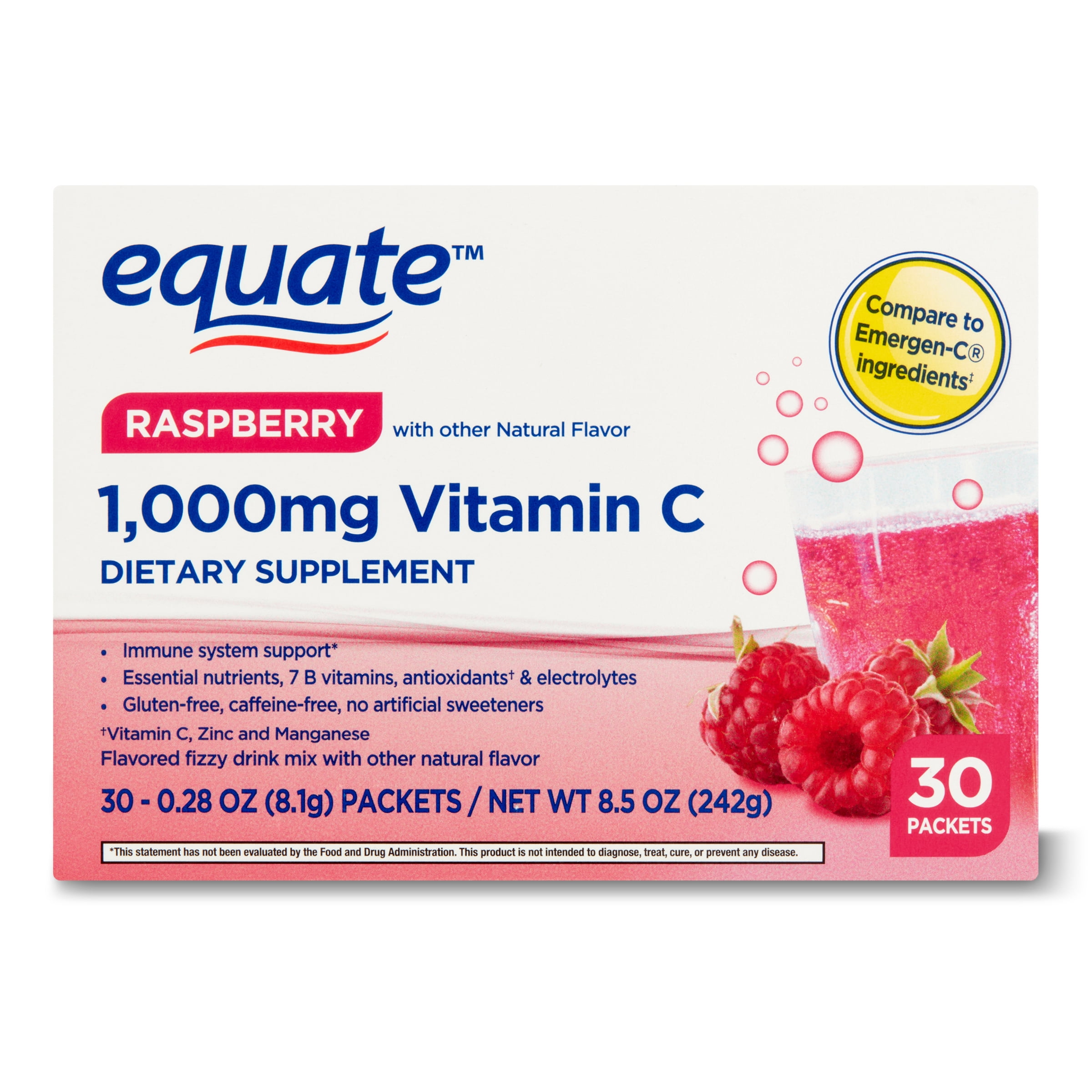 Equate 1000 mg Vitamin C Drink Mix Supplement for Immune Support, Raspberry, 30ct