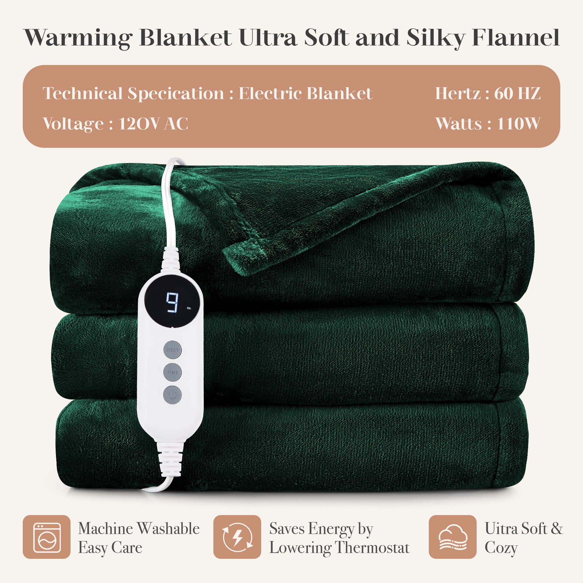 WISHEAD Electric Heated Throw Blanket with 9 Heat Levels & Auto Shut-Off, Plush Dual-Sided Flannel for Couch & Travel, Machine Washable, 50"x60", Green