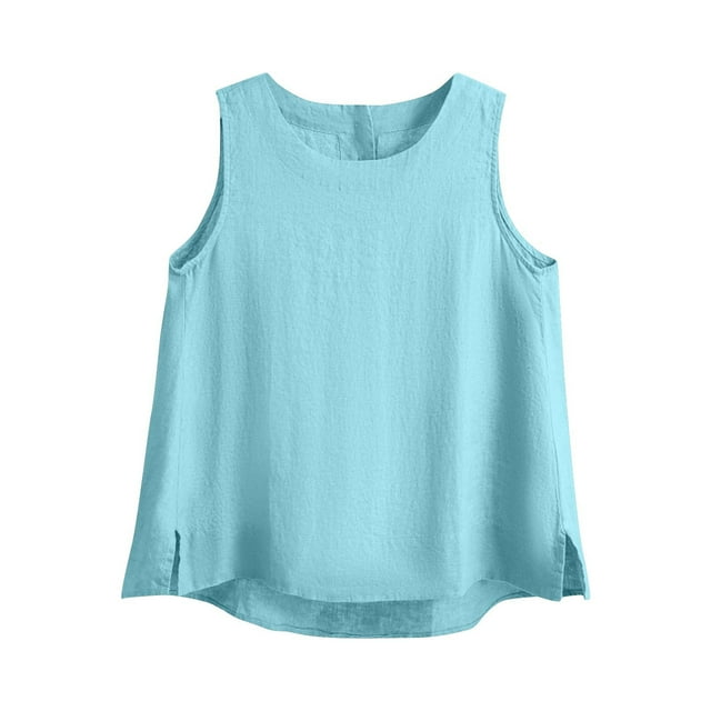 Womens Clearance Plus Size Tops,Summer Short Sleeve Blouse Tops for Womens,Women's Solid Color Imitation Cotton And Linen Hem Slit Round Neck Button Fashionable Tank Top