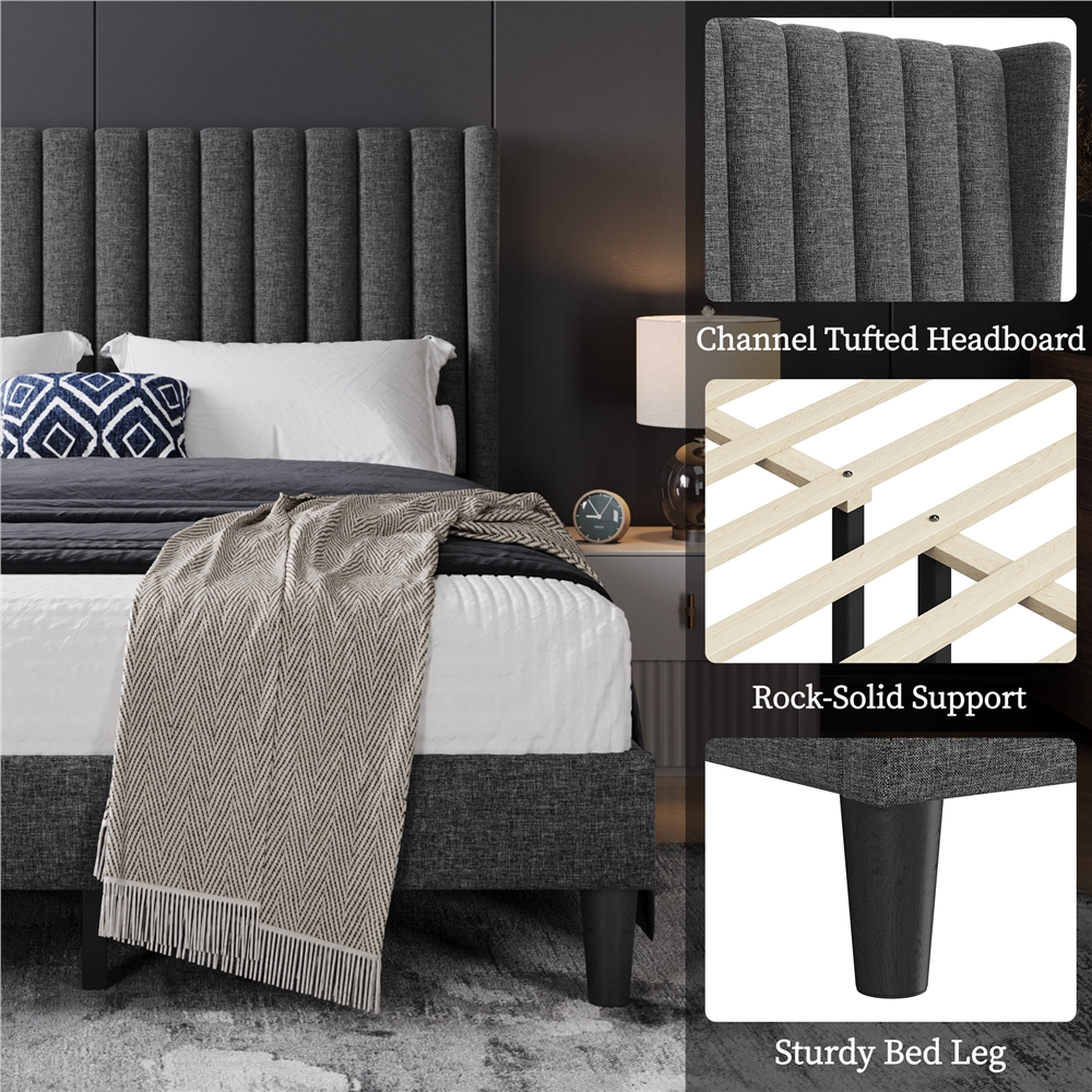 Yaheetech Upholstered Platform Bed Frame with Channel Tufted Headboard, Full, Dark Gray