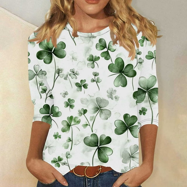 Mceream Chemise à Manches 3/4 pour la Saint-Patrick, Blouses à Col Rond pour Femmes, Décontractées, Vacances Irish T-Shirts Graphiques Trèfle, Tuniques d'Été Amusantes, Tops de Festival, Grande Taille, Vert m