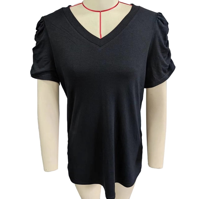 Camiseta con cuello en V para mujer, mangas cortas abullonadas, ajuste holgado, camiseta informal de verano, negro, XL